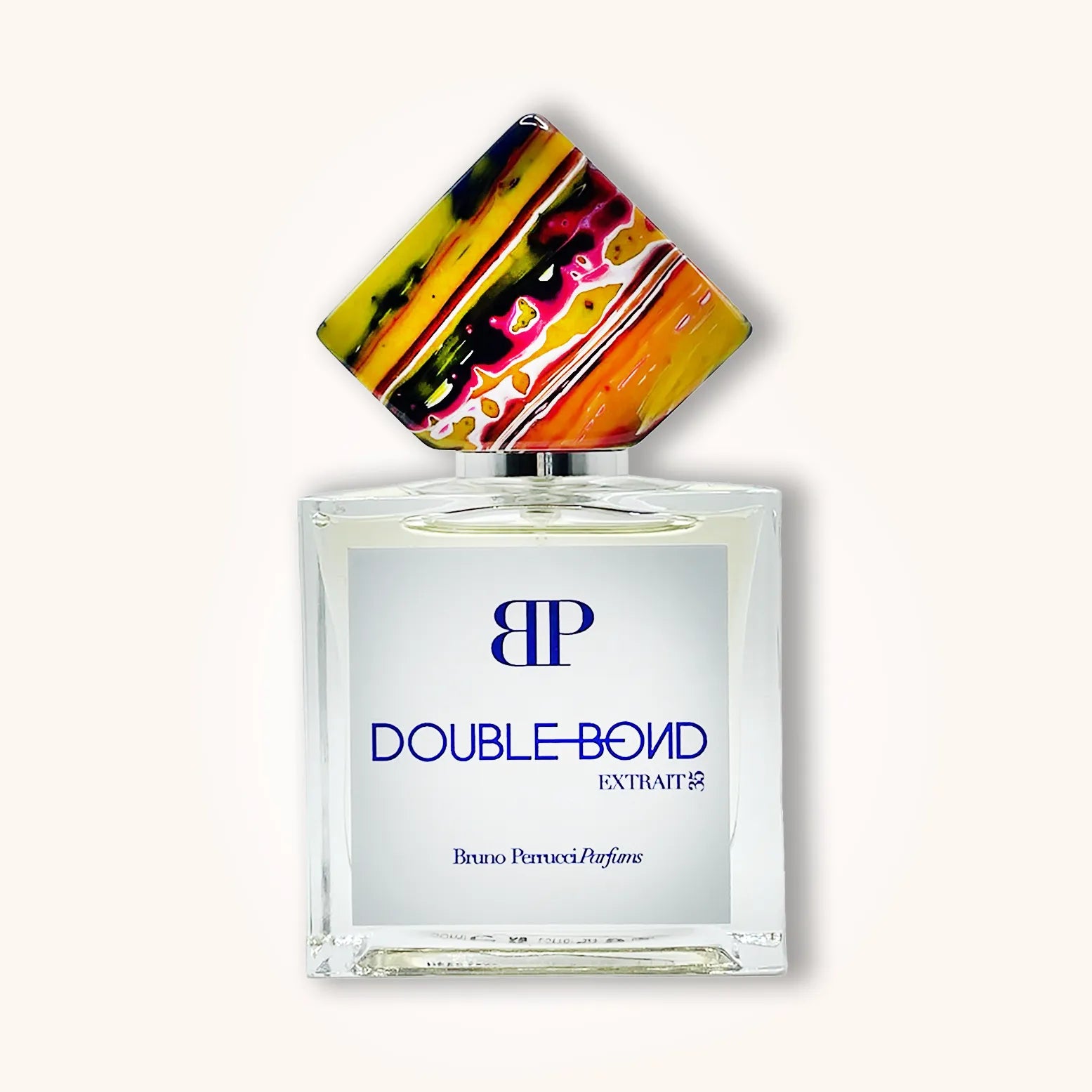 Alt text: A stylish perfume bottle labeled "Bruno Perrucci Double Bond" with a unique, colorful cap design. The elegant glass bottle showcases a modern and luxurious aesthetic.