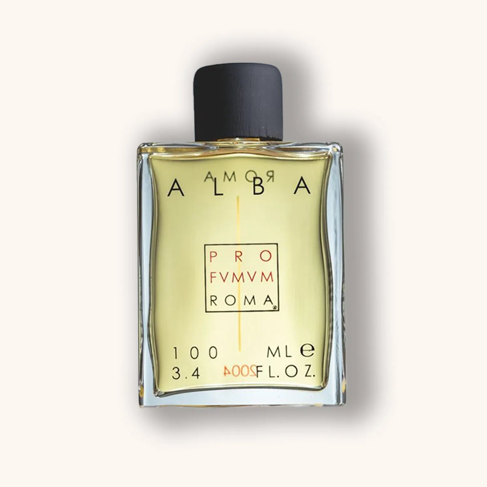 Alt text: A bottle of Profumum Roma Alba, featuring a rectangular glass design with a black cap, filled with a pale yellow fragrance. The label displays elegant typography in a minimalist style.