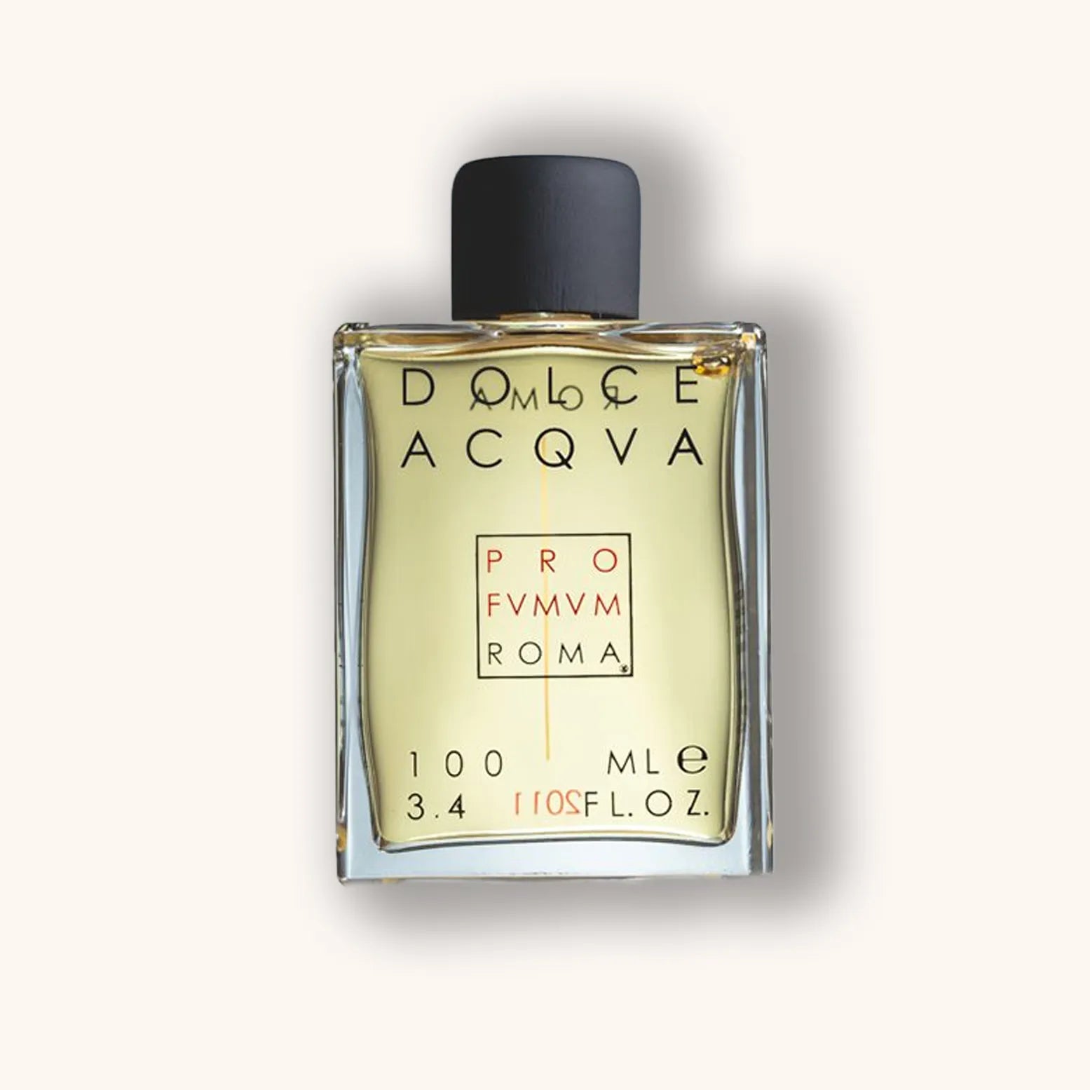 Alt tag: A bottle of Profumum Roma Dolce Acqua, featuring a minimalist design with bold lettering, containing 100 ml of a fragrant liquid. The bottle has a sleek rectangular shape and a black cap.