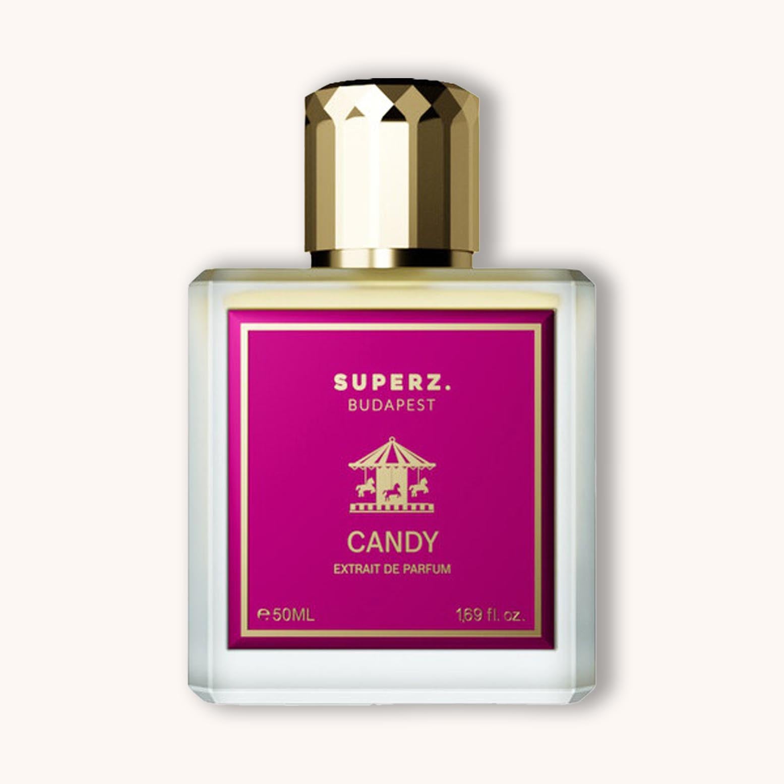 Alt text: A stylish glass bottle of Superz Candy perfume, featuring a striking pink label and a golden cap, emphasizing its sweet and playful scent.