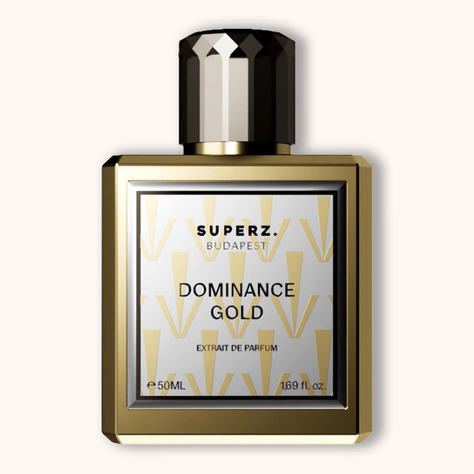 Alt text: A sleek glass bottle of Superz Dominance Gold perfume, featuring a stylish gold and white design, containing 50ml of extrait de parfum. The luxurious packaging emphasizes elegance and sophistication.