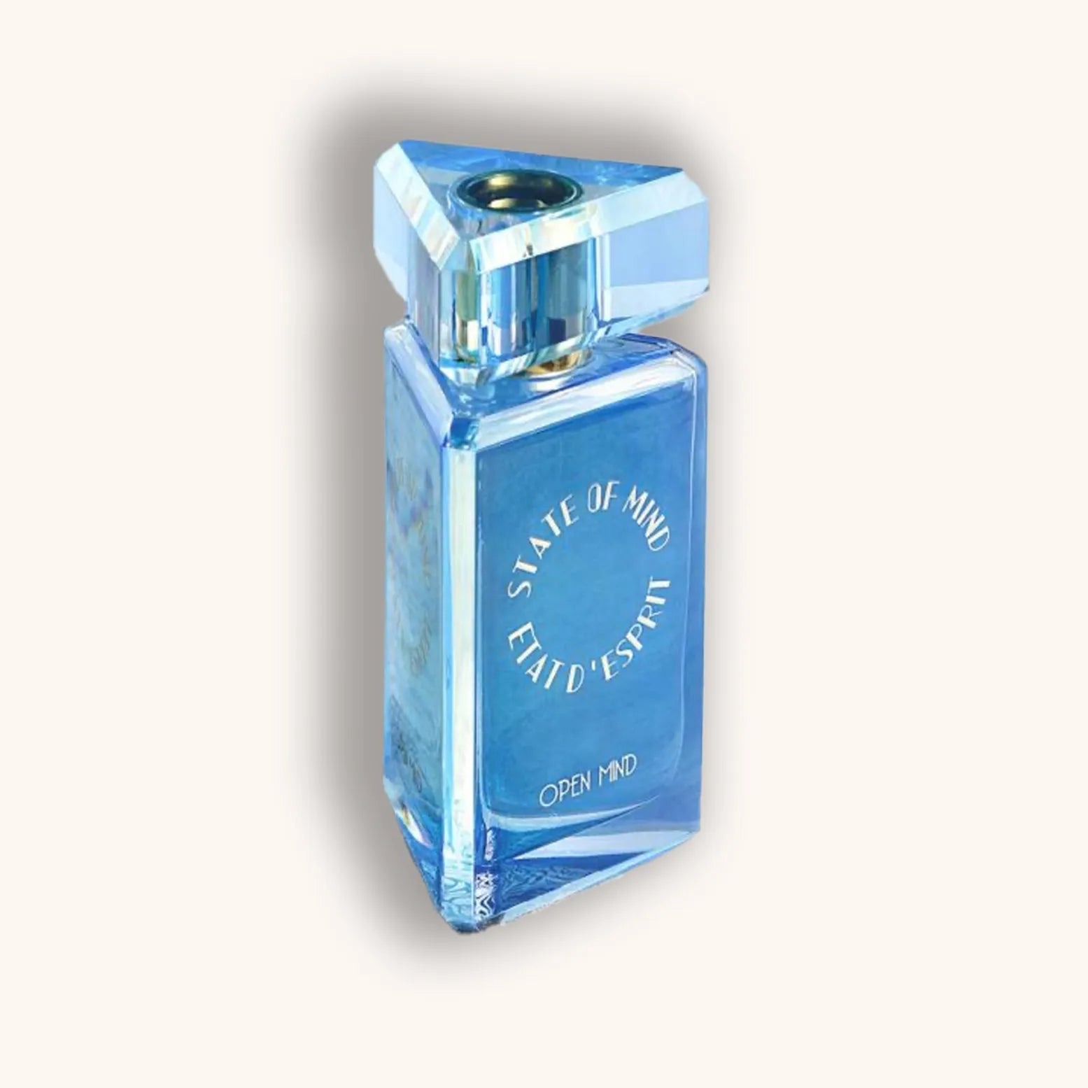 A sleek, blue perfume bottle labeled "State of Mind Open Mind," featuring a distinctive geometric cap and a minimalist design. The luminous bottle exudes a fresh and inviting aesthetic.