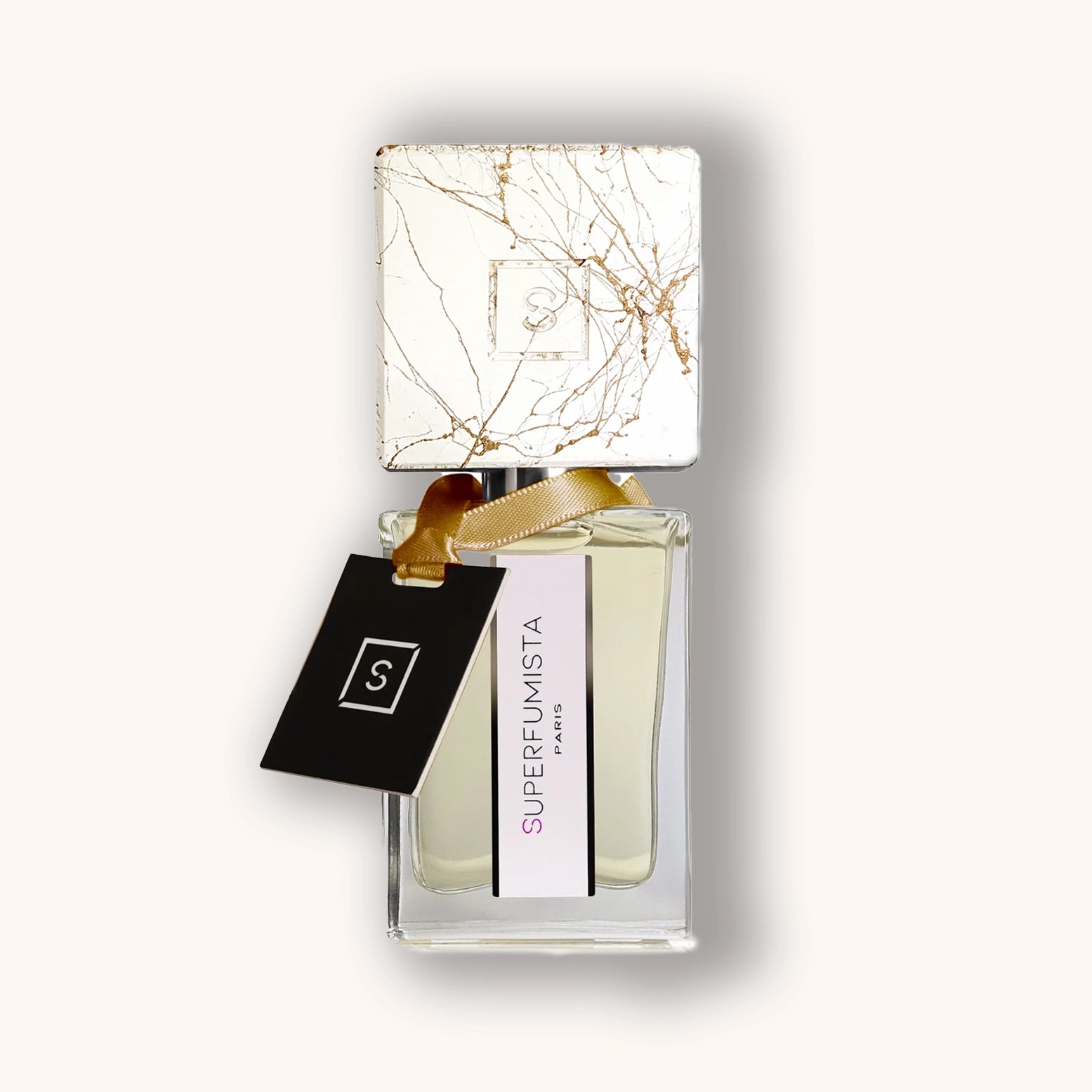 Superfumista Paris luxury perfume bottle with elegant marble cap and gold ribbon. Premium French fragrance with lemon, Biscuit and musk